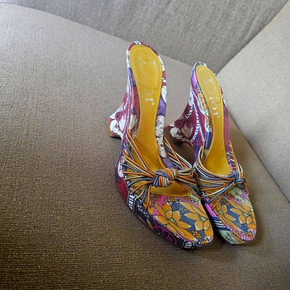 Dior Multicolor Floral Print Fabric Wedge Platform Slide Sandals Size 39 - Picture 1 of 16
